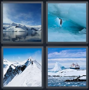 iceberg in Arctic Ocean, ice cave blue ice, mountain summit trekkers at top snow, arctic ocean with icebergs and cruise