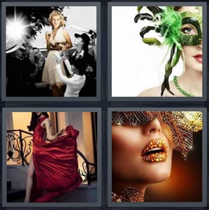 Marilyn Monroe or Hollywood celebrity with photographers, woman wearing green mask, woman in red silk dress, woman with gold mask and gold glitter lips