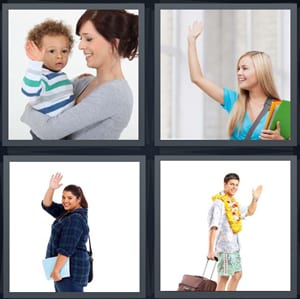 baby saying hello, woman waving with books, woman saying farewell, man leaving on vacation with suitcase