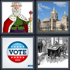 cartoon king with robe and scepter, castle with gold rotunda, vote sticker, drawing of antique council
