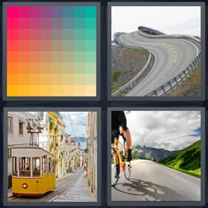rainbow fade color spectrum, very curvy highway road, street trolley on hill, man mountain biking