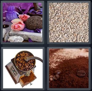 pink rose, stone gravel rocks, grinder to grind coffee beans, ground coffee for machine