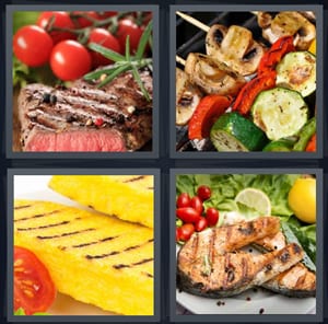 steak on grill medium, vegetable skewers, garlic bread with grill marks, fish filet grilled with fresh vegetables