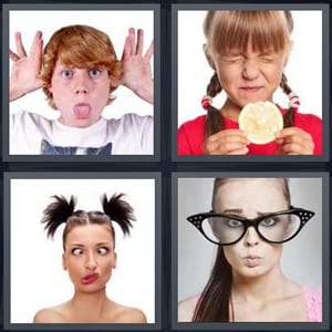 boy making silly face, girl eating sour lemon, woman with pigtails making funny face, woman with too large glasses