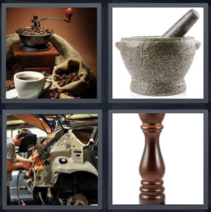 coffee ground for machine, mortar for crushing spices, mechanic using spark machine on car, fresh ground pepper machine