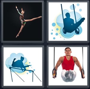 dancer leaping, man doing rings, woman doing floor exercises, man suspended on rings