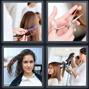 woman getting cut, scissors close up, hair salon, woman getting hair styled with blow dryer