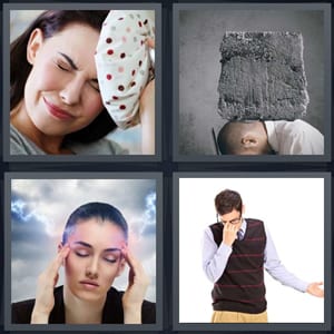 woman with sore head and cold compress, man with large stone on head, woman with pain at temples, man in pain wearing glasses