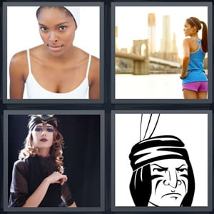 model in white tank top, woman exercising by bridge, woman wearing costume with head piece, drawing of Indian with feather