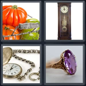 special colorful tomatoes, grandfather clock, pocket watch on silver chain, amethyst ring with gold band