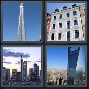 tall tower on blue sky, apartment building in city, city skyline, tall skyscraper over city