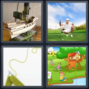 boat being put in bottle, man playing golf on green, knitting needles with green yarn, cartoon of treehouse and boy fishing