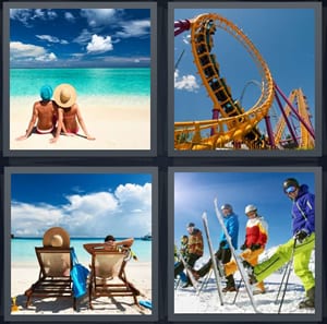 couple sitting on beach with green water, rollercoaster with upside down loops, couple on vacation at beach, family skiing mountain