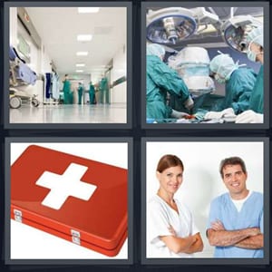 sterile hallway with white tile, performing operation surgery, medical first aid kit, doctor and nurse