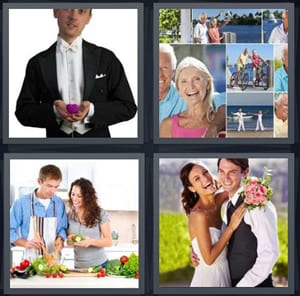 groom with heart shaped box, old couple with photograph, couple cooking dinner together in kitchen, groom and bride on wedding day