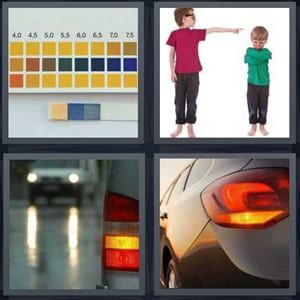 litmus test chart chemistry, boy pointing at younger boy, car signaling turn on road, tail light of car