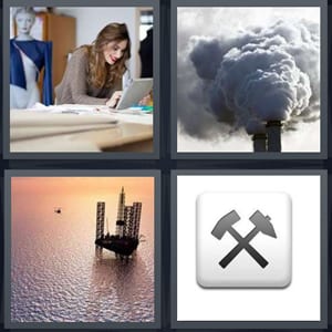 fashion designer with notebook, pollution coming from smoke stack, oil rig ship on ocean, tools button