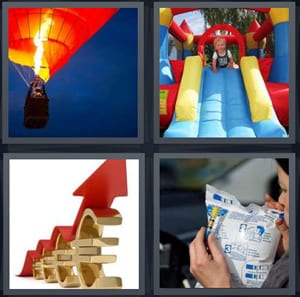 hot air balloon with fire burning, bouncy castle slide with child, increasing Euro worth gold coins, woman blowing up bag with air