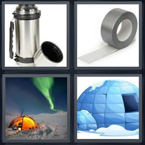 thermos for hot drink, duct tape roll, camping at northern lights in tent, icy igloo with snow