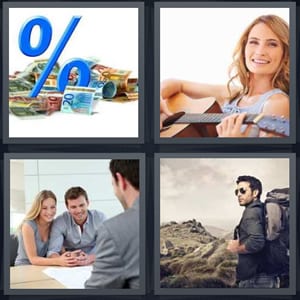 percentage accumulated money, woman playing guitar, couple applying for loan, man on mountain hiking
