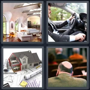 living room in large house, man driving car, blueprint for house, bald man sitting down