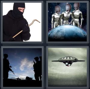 thief breaking into home with bar, aliens looking at Earth, soldiers in foreign war, UFO spaceship hovering