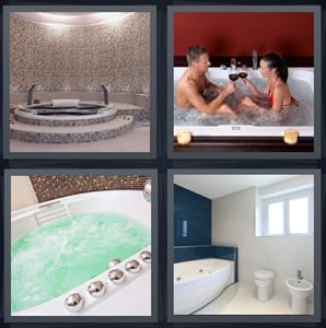 tiled tub in bathroom, couple with romance with wine glasses, green water bubbles, clean white bathroom