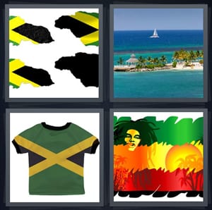 country with green black yellow flag, beach with green water palms white sand, flag on tshirt, Bob Marley with dreads