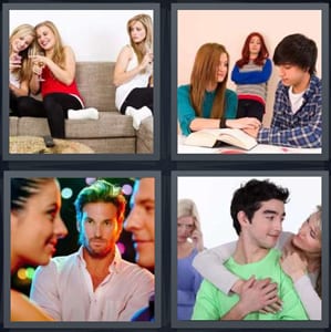 friends on couch one left out, boyfriend and girlfriend, man angry woman talking to man, possessive couple