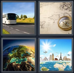 bus on highway long trip, compass on old map, globe with lights, travel symbols Europe map