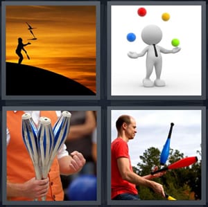 sunset with shadow magician, cartoon of man with colored balls, bowling pins, man with pins