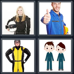 woman in motorcycle riding gear, construction worker with thumbs up, skydiver uniform with helmet, matching outfits man and woman