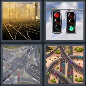 train tracks crossing, red and green street lights, traffic circle patterns, cartoon highway with colorful cars