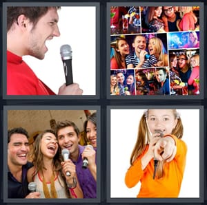 man singing in red shirt, pictures from party bar singing, group of friends with microphones, girl in orange performing pointing