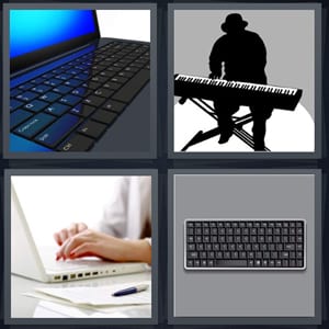 laptop computer, musician playing piano, woman typing, keys for typing