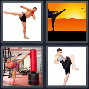 man practicing fighting kick, man with leg extended at sunset, woman in gym boxing, man with knee raised