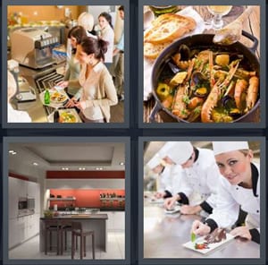 women in line at cafeteria choosing food, shrimp paella dish, room in home for cooking, chefs plating desserts