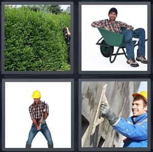 man trimming large green hedge, man sitting in wheelbarrow, construction worker in yellow hardhat, man applying cement to building wall