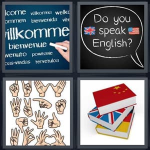 welcome written in German and French, conversation bubble do you speak English, symbols for deaf signing, text books Chinese