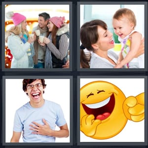 family with mugs and wool hats, mother with baby, man giggling with large smile, cartoon smiley face