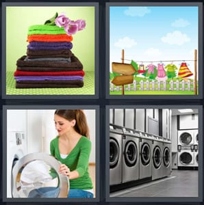 stack of folded clean towels, clothes drying on clothesline, woman doing wash, industrial laundromat
