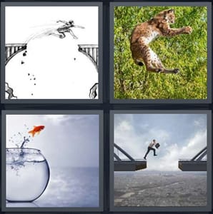 man jumping over bridge, cheetah jumping in forest, fish jumping out of fishbowl, man jumping draw bridge over city