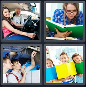 girl driving car with father, woman reading book intently studying, mechanics working on underside of car, young students with books