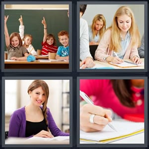 kids in school class hands raised, woman in class, student in university, woman writing in notebook