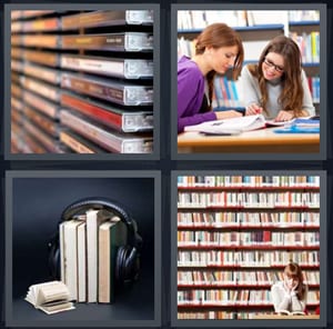 stack of stored CDs, girls in school studying for test, books with headphones, woman reading with large shelves of books