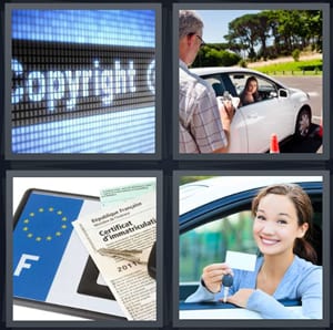 copyright sign on digital display, woman taking driving test, plate for car for driving, young girl with new car keys