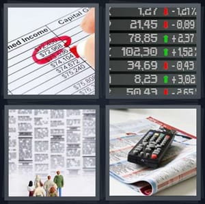 income receipt for year, stock market display, people looking at newspaper classifieds, remote control for TV on magazine