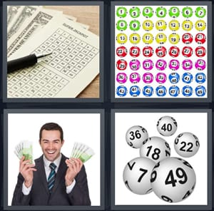 jackpot winnings slip, balls for bingo game, man holding stacks of money with smile, balls for drawing