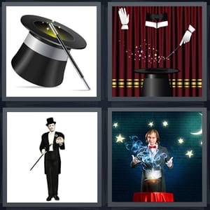 top hat with cane, gloves making stars come from wand, presenter man with cane and top hat, performer with light and stars