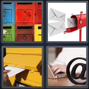correa colored boxes, letters going to post, putting mail in yellow box, man writing email with @ sign